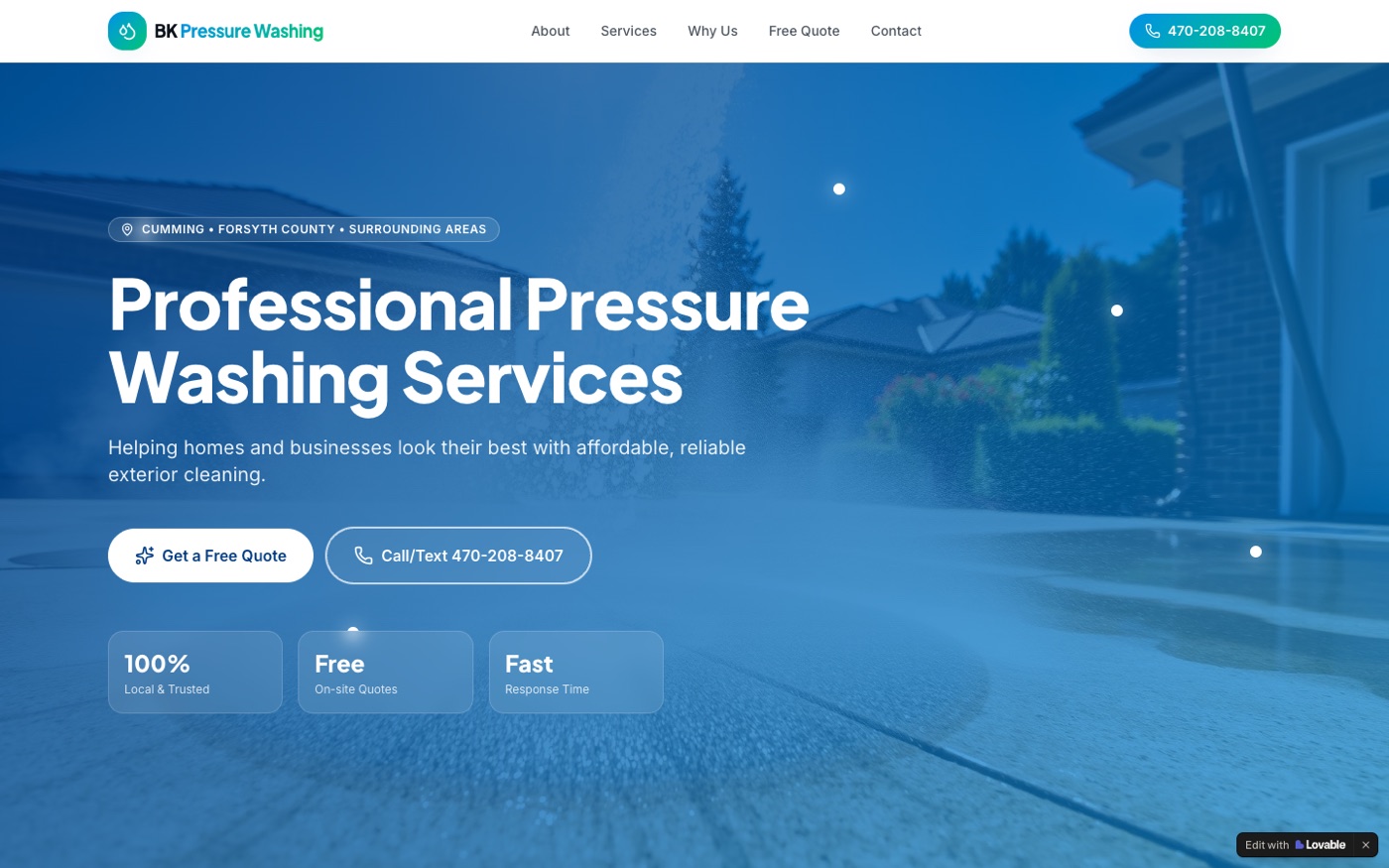 BK Pressure Washing site generated by Lovable — the before