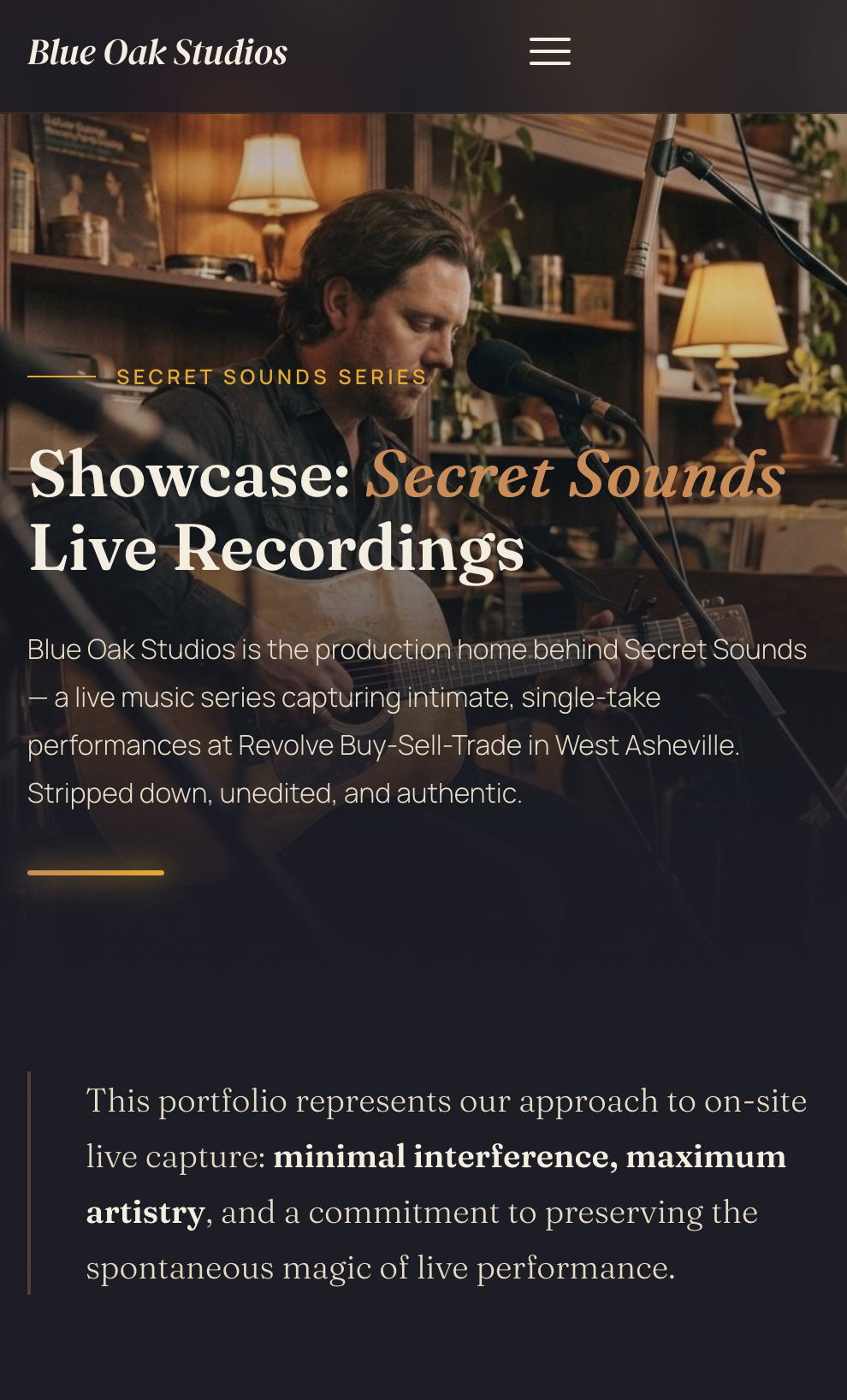 Blue Oak Studios website with authentic atmospheric photography