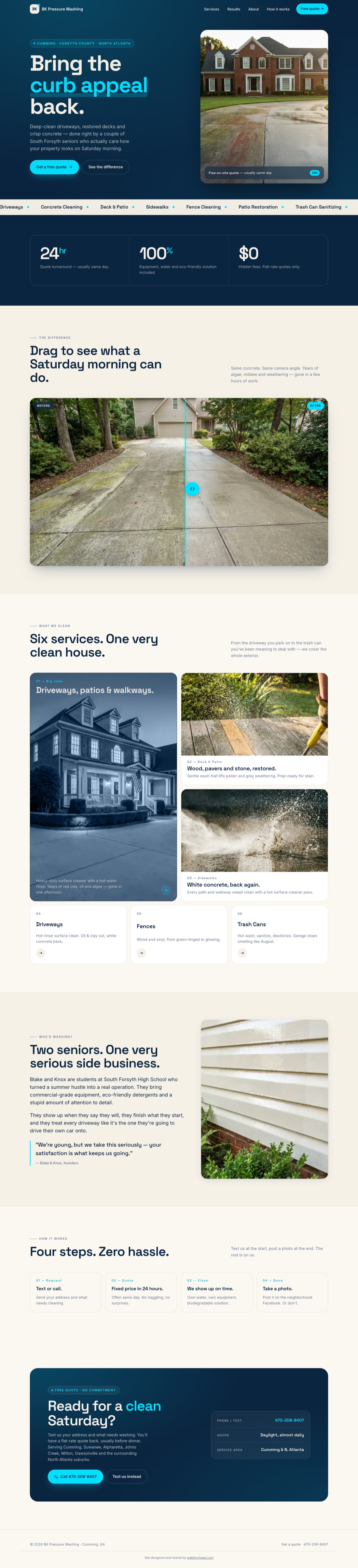 Full-page view of the WebForCheap rebuild of BK Pressure Washing