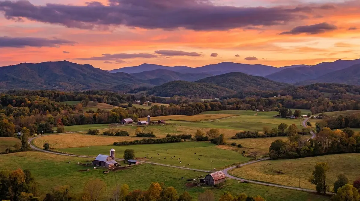 Buncombe County farmland and mountains at dusk near Weaverville